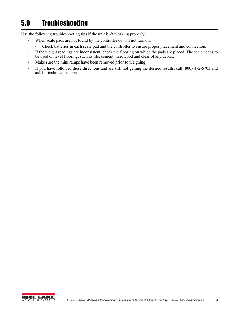 0 troubleshooting | Rice Lake Wireless Wheelchair Scale D300 Series User Manual | Page 13 / 16