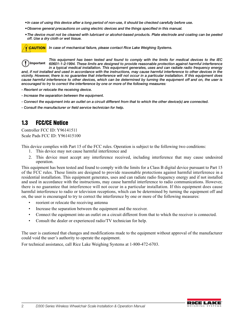 3 fcc/ce notice | Rice Lake Wireless Wheelchair Scale D300 Series User Manual | Page 6 / 16