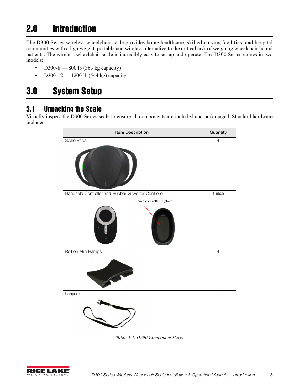 0 introduction, 0 system setup, 1 unpacking the scale | Rice Lake Wireless Wheelchair Scale D300 Series User Manual | Page 7 / 16