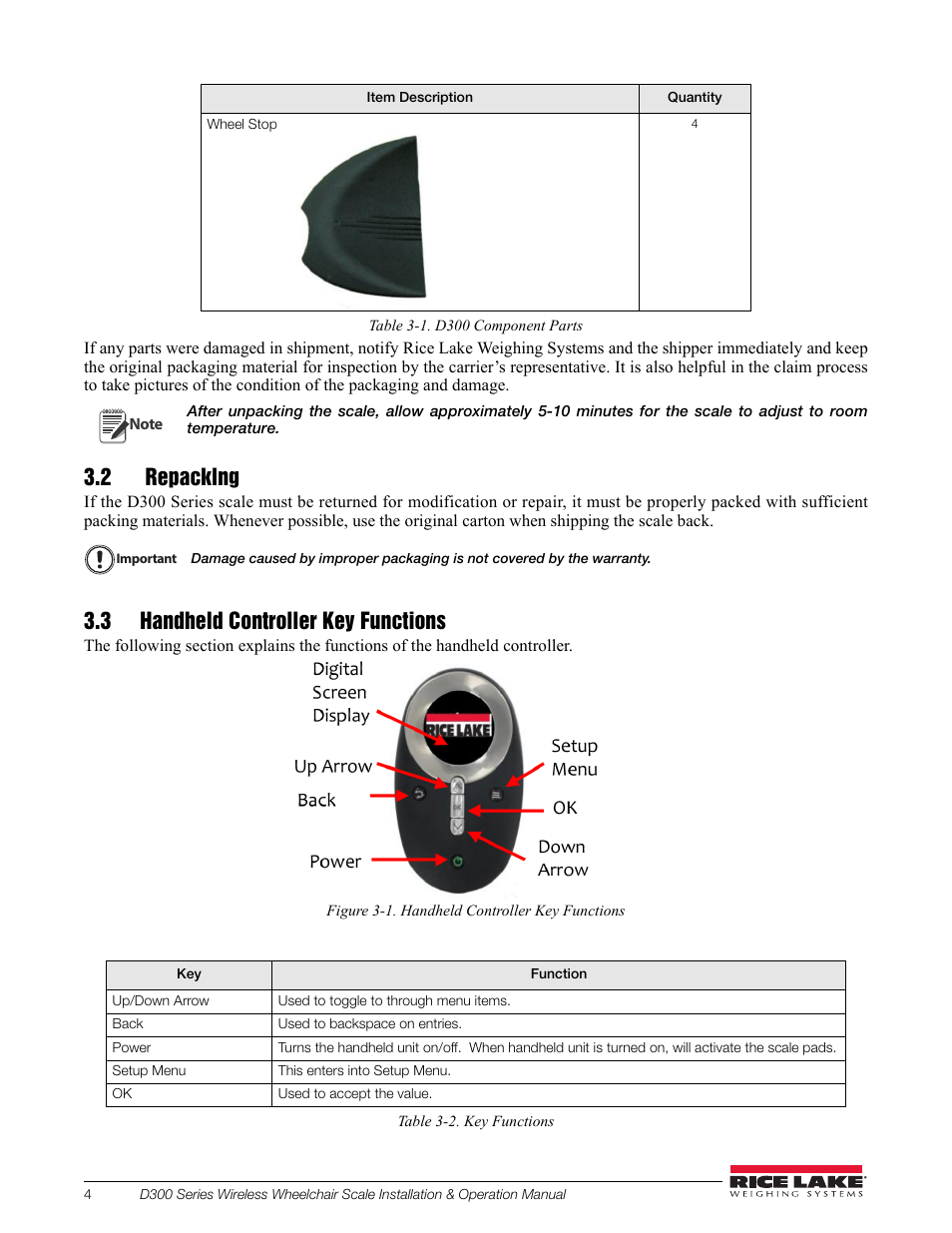 2 repacklng, 3 handheld controller key functions | Rice Lake Wireless Wheelchair Scale D300 Series User Manual | Page 8 / 16