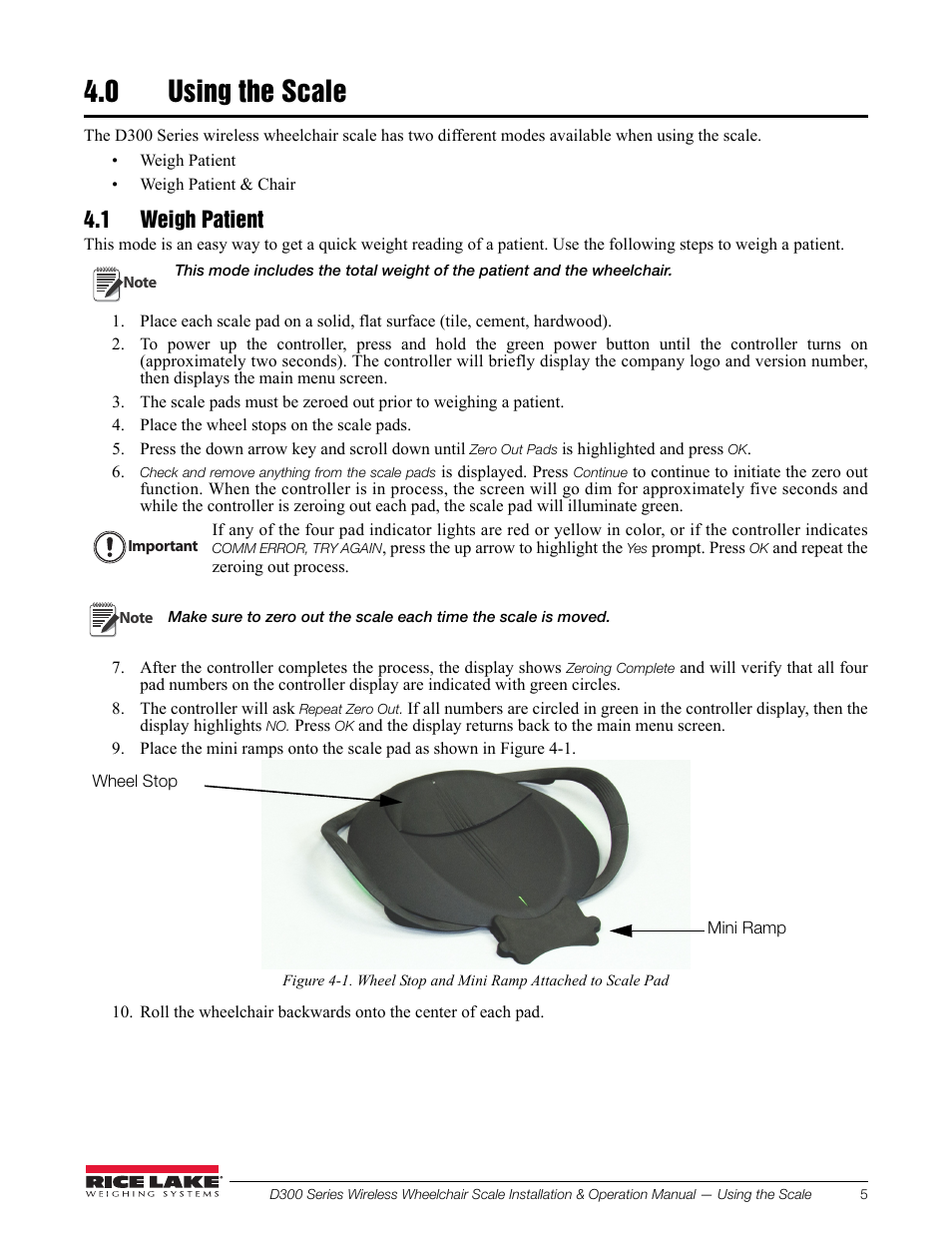 0 using the scale, 1 weigh patient | Rice Lake Wireless Wheelchair Scale D300 Series User Manual | Page 9 / 16