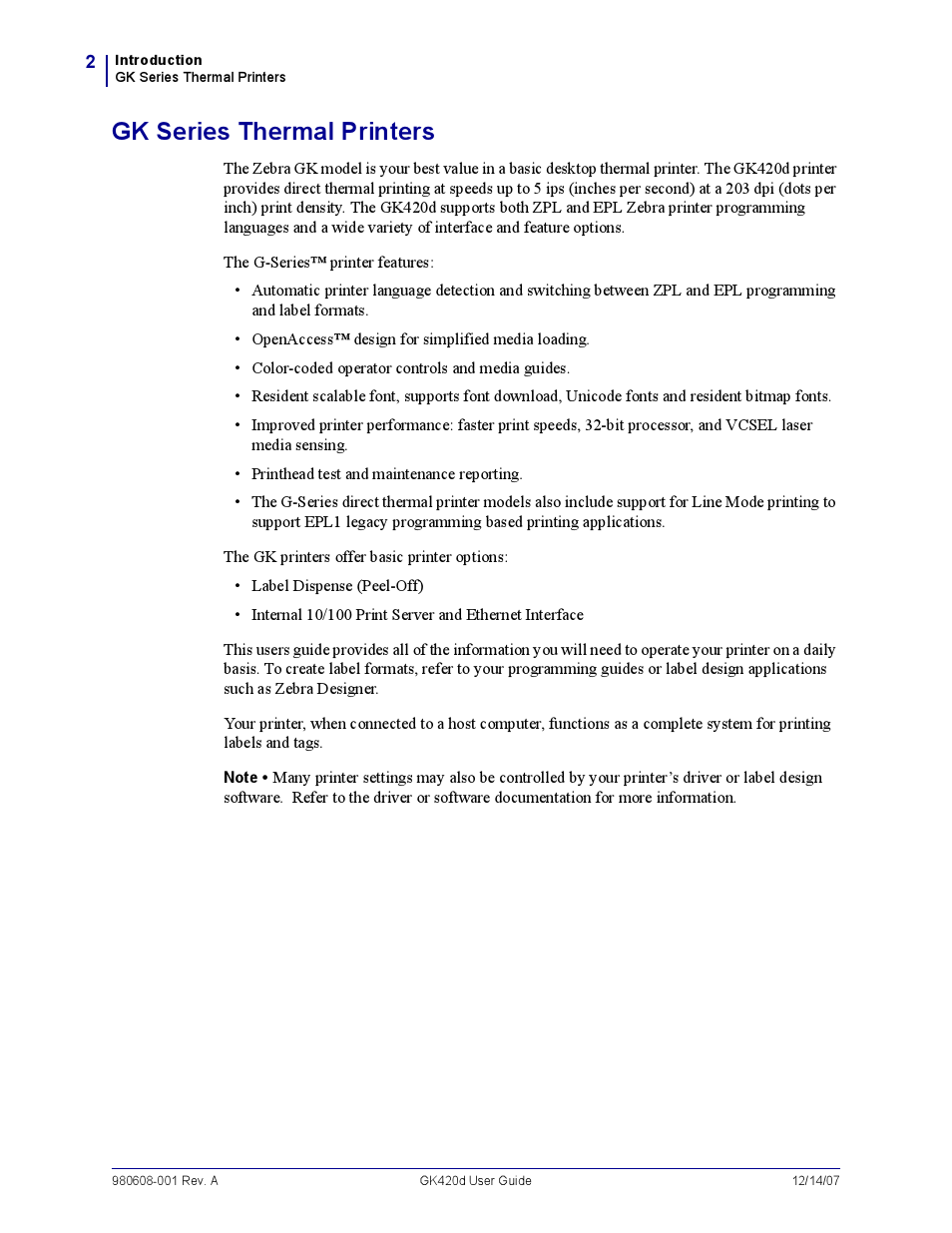 Gk series thermal printers, Gk series therm al printers | Rice Lake Zebra GK420d User Manual | Page 14 / 88