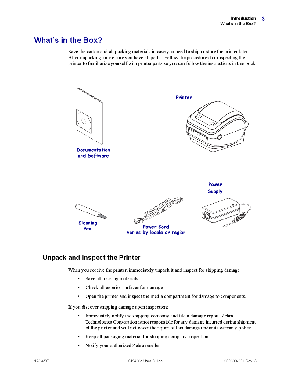 What’s in the box, Unpack and inspect the printer, U npack and inspect the printer | What’s in the box? unpack and inspect the printer | Rice Lake Zebra GK420d User Manual | Page 15 / 88