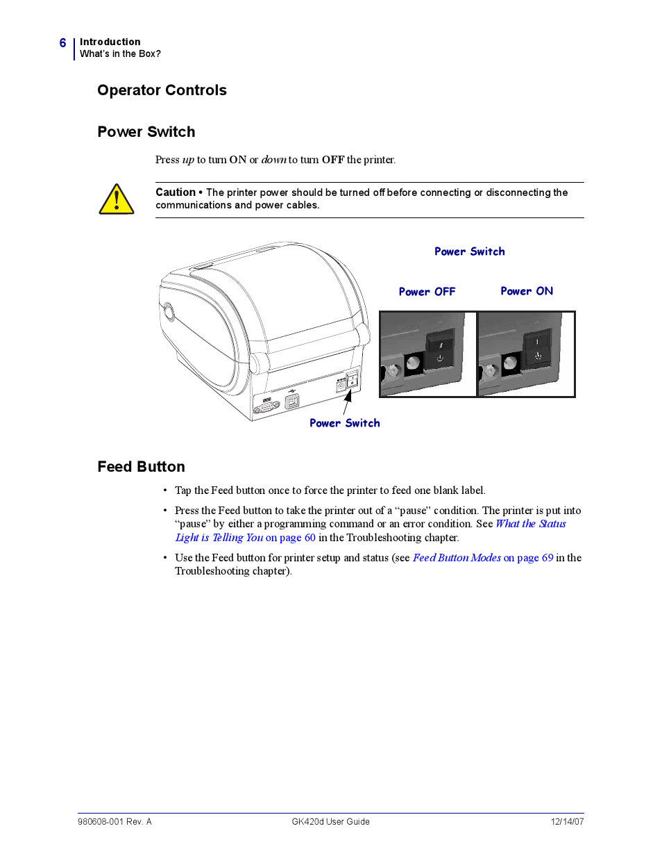 Operator controls, Operator controls power switch, Feed button | Rice Lake Zebra GK420d User Manual | Page 18 / 88