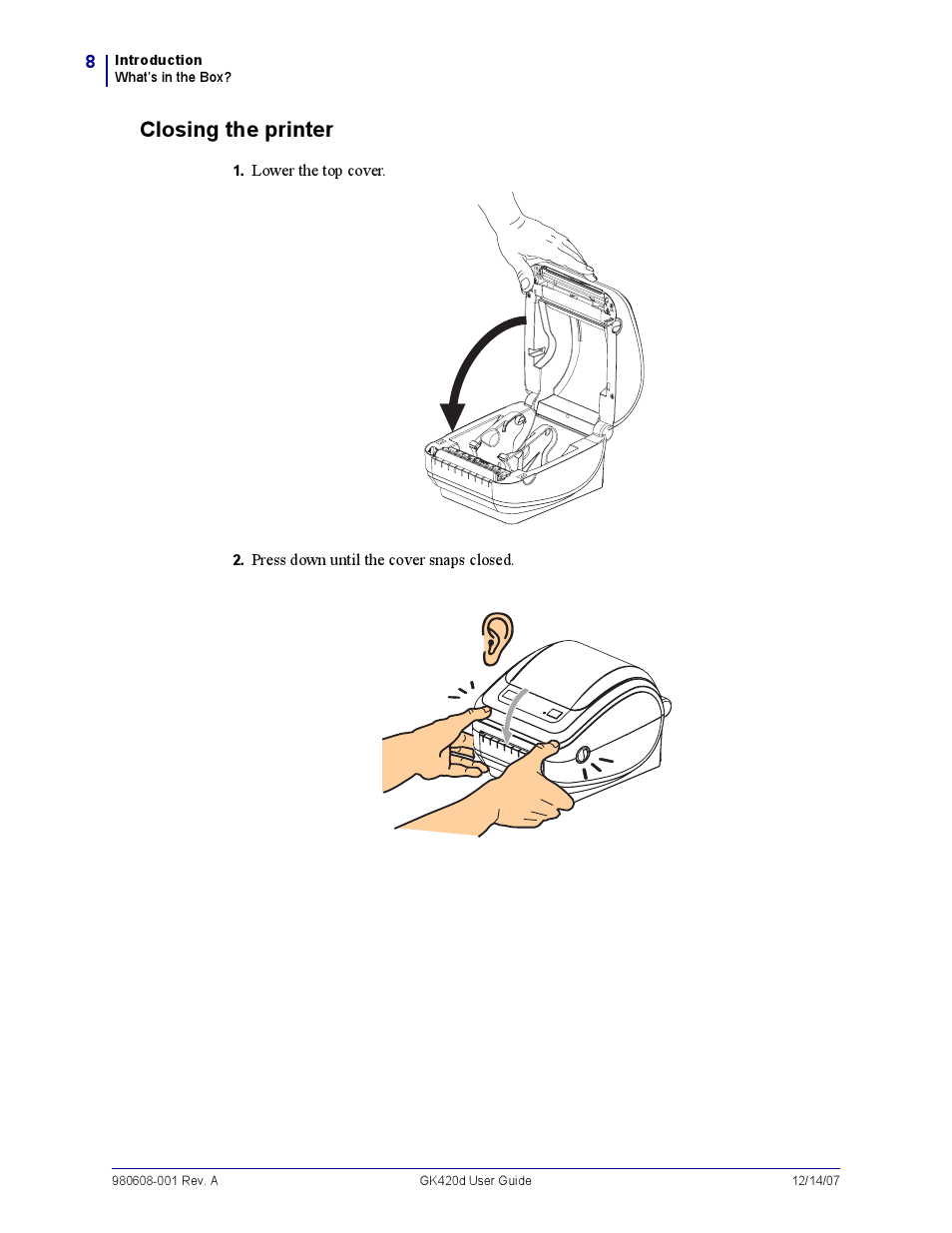 Closing the printer | Rice Lake Zebra GK420d User Manual | Page 20 / 88