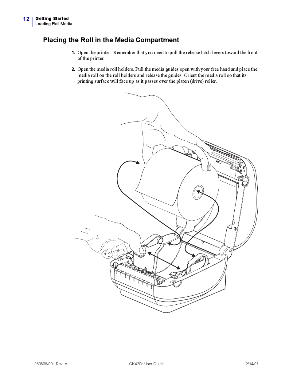 Placing the roll in the media compartment, Placing the roll in the media com partm ent | Rice Lake Zebra GK420d User Manual | Page 24 / 88