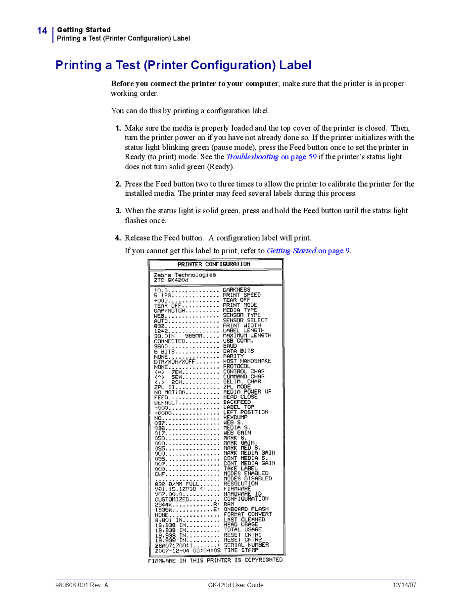 Printing a test (printer configuration) label | Rice Lake Zebra GK420d User Manual | Page 26 / 88