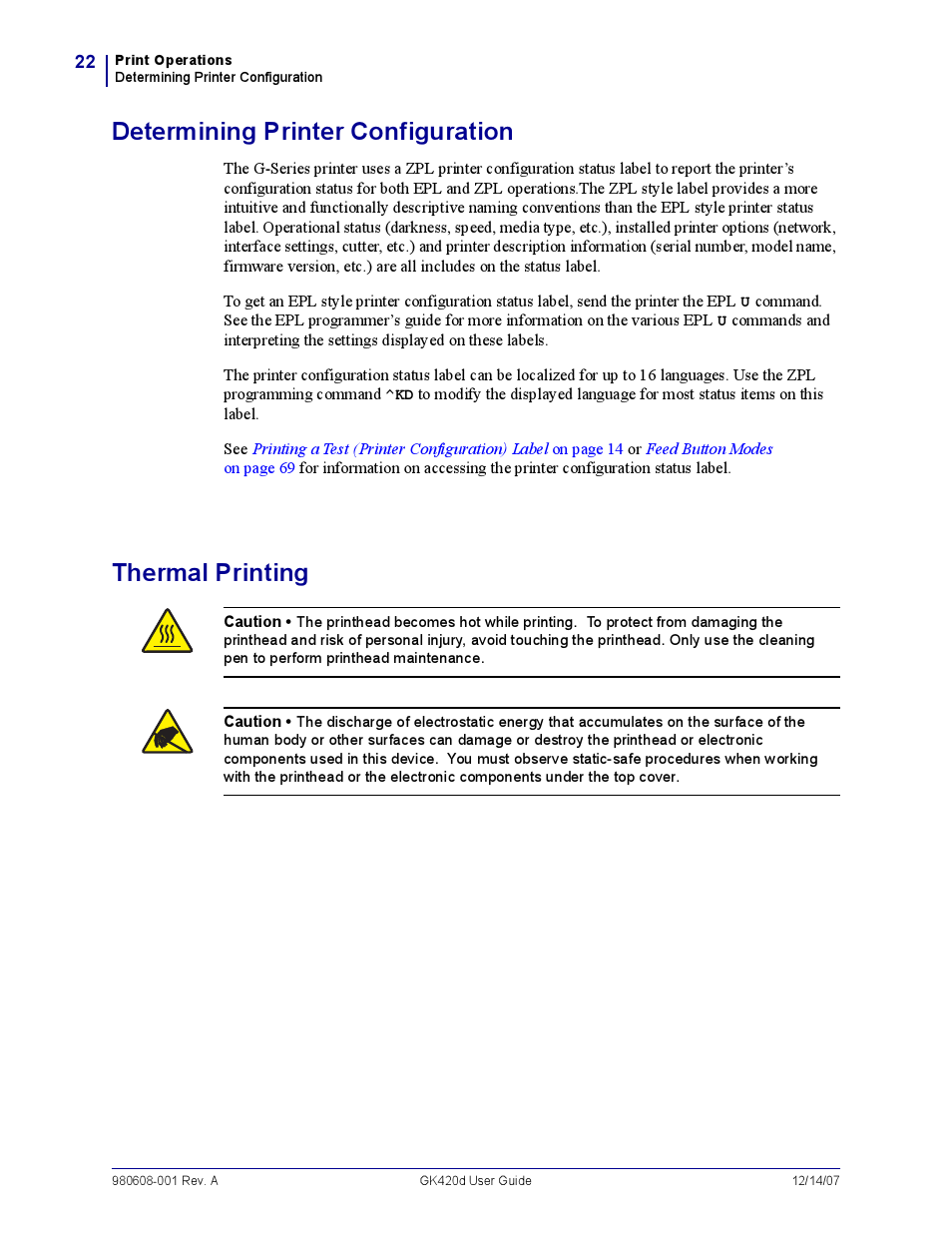 Determining printer configuration, Thermal printing | Rice Lake Zebra GK420d User Manual | Page 34 / 88