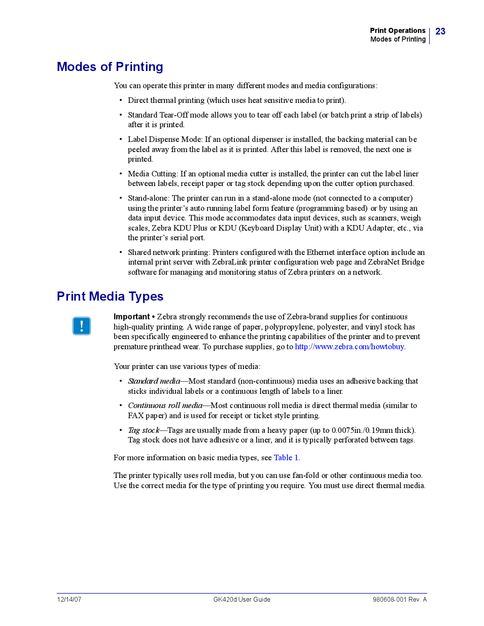 Modes of printing, Print media types | Rice Lake Zebra GK420d User Manual | Page 35 / 88