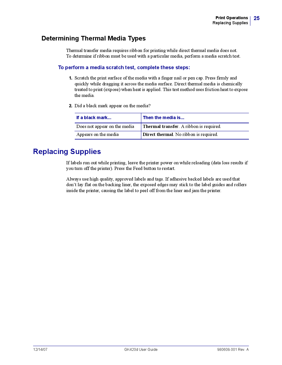 Determining thermal media types, Replacing supplies | Rice Lake Zebra GK420d User Manual | Page 37 / 88