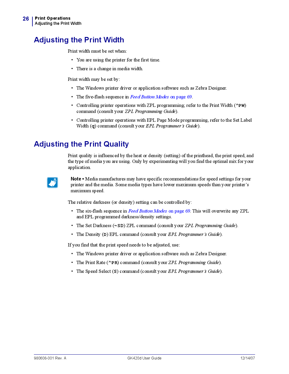 Adjusting the print width, Adjusting the print quality | Rice Lake Zebra GK420d User Manual | Page 38 / 88