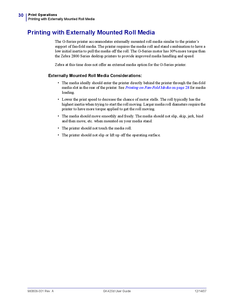 Printing with externally mounted roll media | Rice Lake Zebra GK420d User Manual | Page 42 / 88