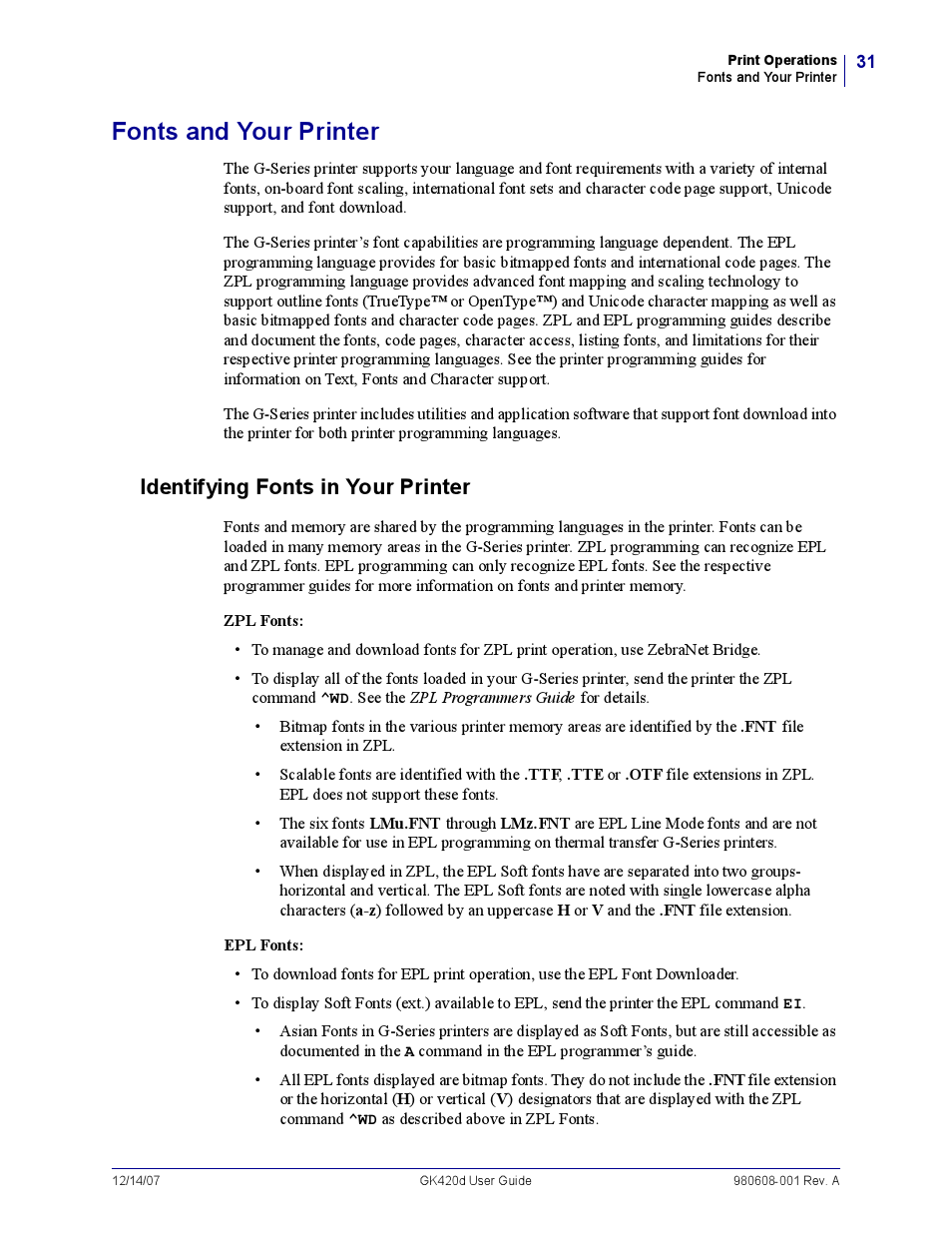 Fonts and your printer, Identifying fonts in your printer | Rice Lake Zebra GK420d User Manual | Page 43 / 88