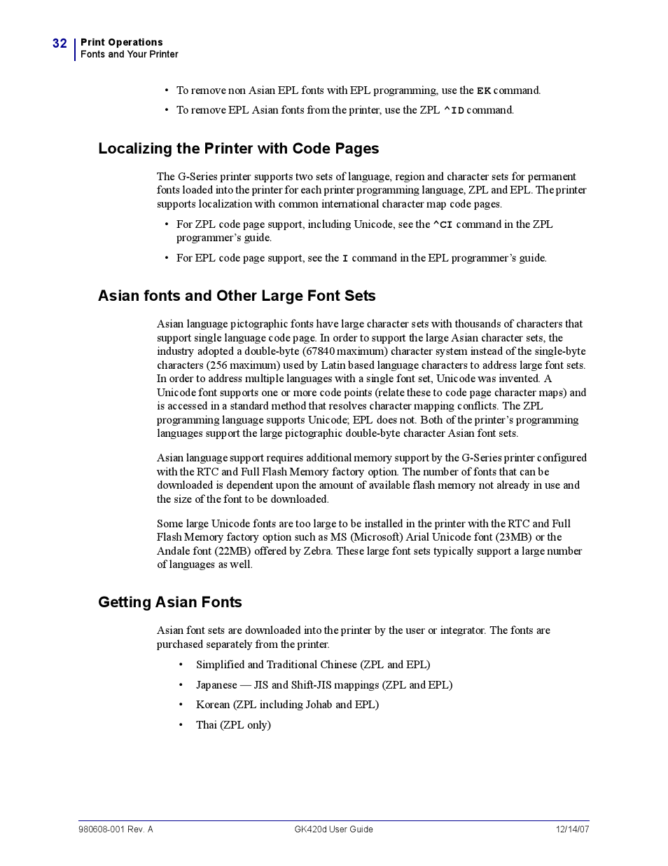 Asian fonts and other large font sets, Getting asian fonts, Localizing the printer with code pages | Rice Lake Zebra GK420d User Manual | Page 44 / 88