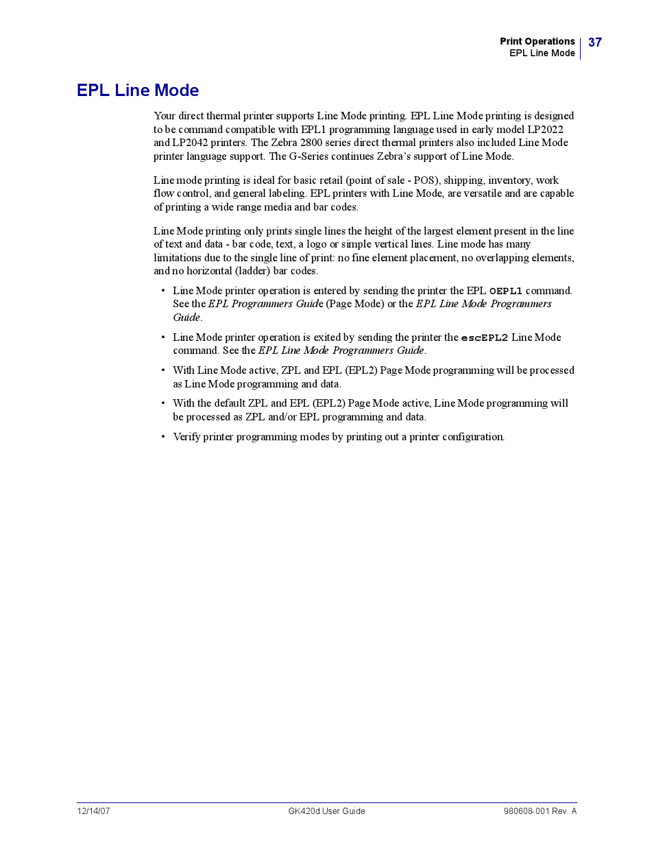 Epl line mode | Rice Lake Zebra GK420d User Manual | Page 49 / 88