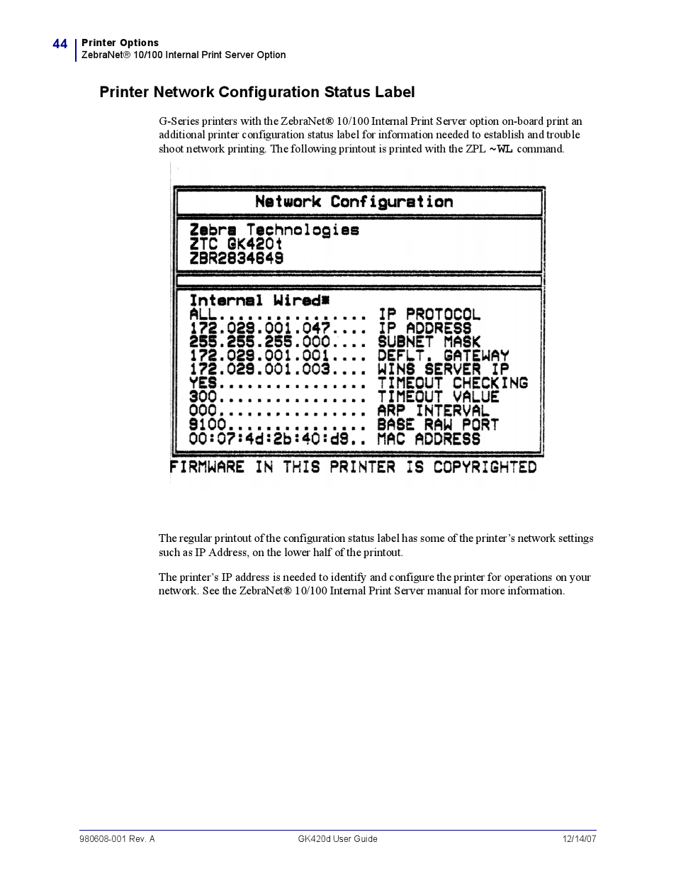Printer network configuration status label | Rice Lake Zebra GK420d User Manual | Page 56 / 88