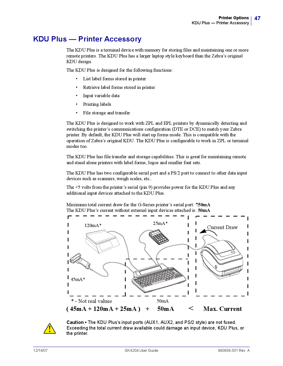 Kdu plus - printer accessory, Kdu plus — printer accessory, Max. current | Rice Lake Zebra GK420d User Manual | Page 59 / 88