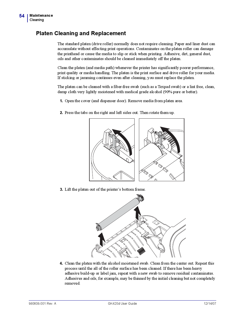 Platen cleaning and replacement, Platen cleaning and replacem ent | Rice Lake Zebra GK420d User Manual | Page 66 / 88