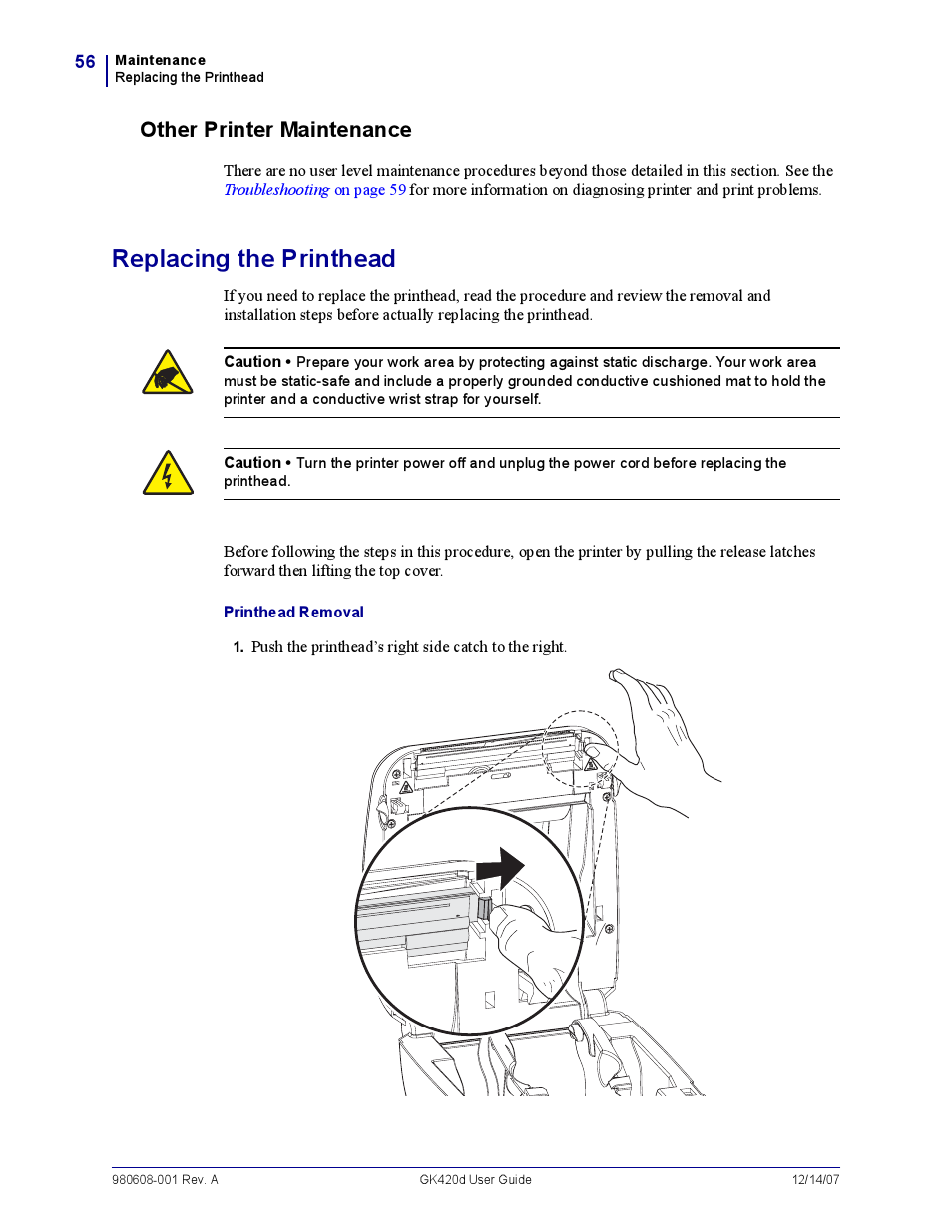 Other printer maintenance, Replacing the printhead | Rice Lake Zebra GK420d User Manual | Page 68 / 88