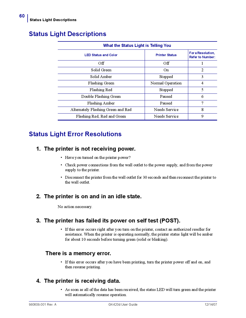 Status light descriptions, Status light error resolutions, The printer is not receiving power | The printer is on and in an idle state, The printer is receiving data | Rice Lake Zebra GK420d User Manual | Page 72 / 88