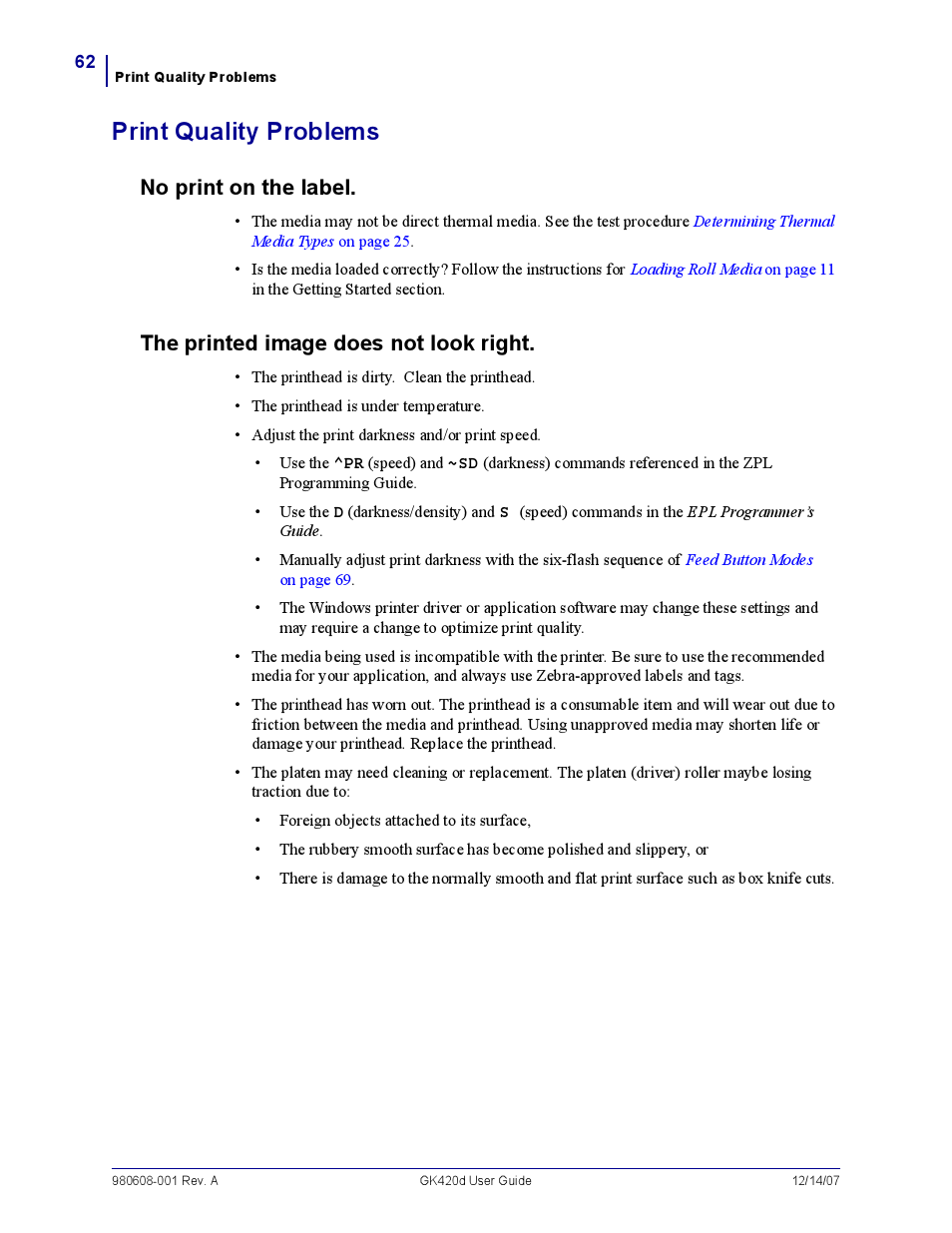 Print quality problems, Print quality problem s, No print on the label | The printed image does not look right | Rice Lake Zebra GK420d User Manual | Page 74 / 88