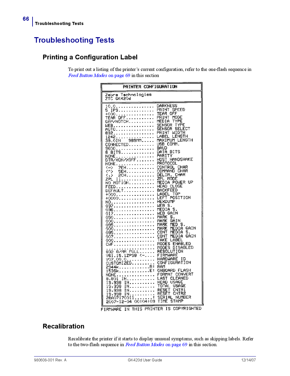 Troubleshooting tests, Printing a configuration label, Recalibration | Rice Lake Zebra GK420d User Manual | Page 78 / 88