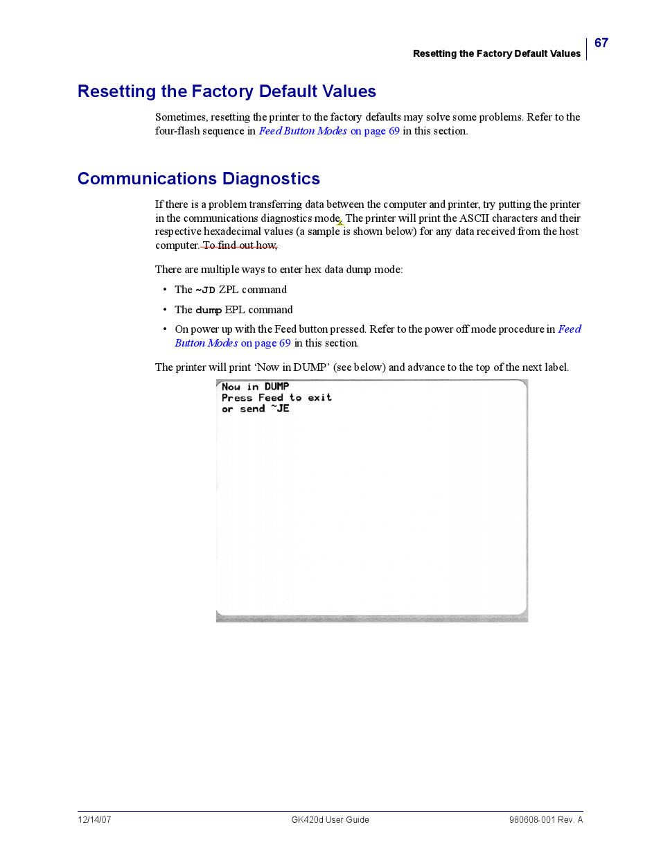 Resetting the factory default values, Communications diagnostics, Com munications diagnostics | Rice Lake Zebra GK420d User Manual | Page 79 / 88