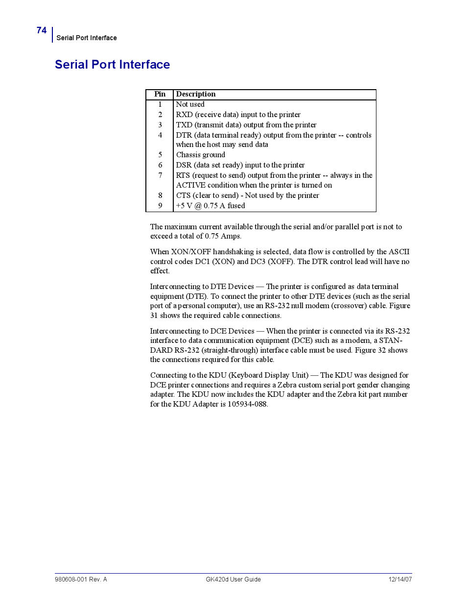 Serial port interface | Rice Lake Zebra GK420d User Manual | Page 86 / 88