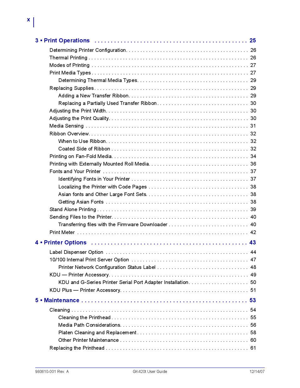 3 . print operations 25, 4 . printer options 43, 5 . maintenance 53 | Rice Lake Zebra GK420t User Manual | Page 10 / 96