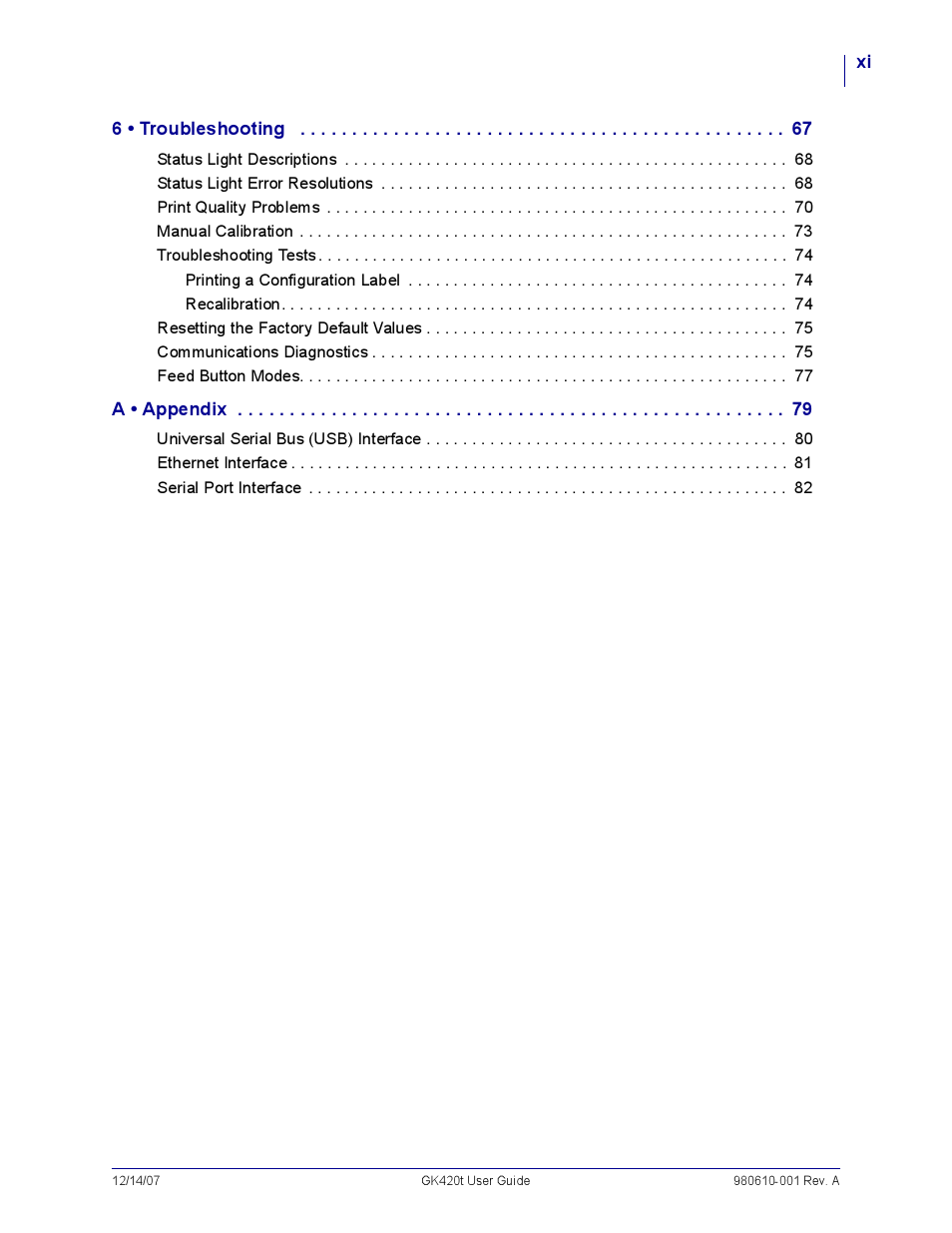 6 . troubleshooting 67, A . appendix 79 | Rice Lake Zebra GK420t User Manual | Page 11 / 96