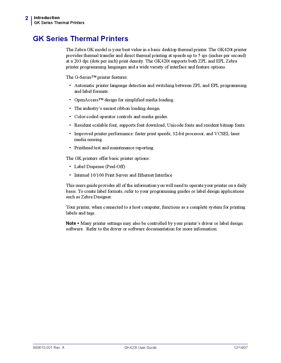 Gk series thermal printers, Gk series therm al printers | Rice Lake Zebra GK420t User Manual | Page 14 / 96
