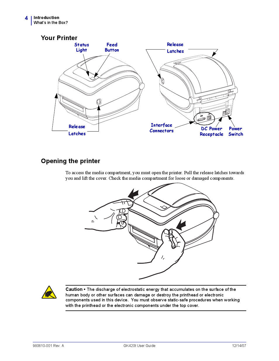 Your printer, Your printer opening the printer | Rice Lake Zebra GK420t User Manual | Page 16 / 96