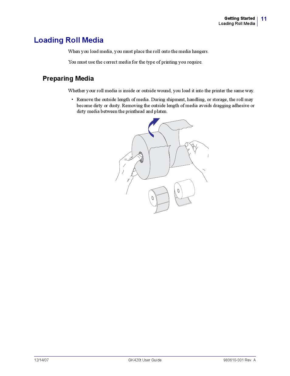 Loading roll media, Preparing media | Rice Lake Zebra GK420t User Manual | Page 23 / 96