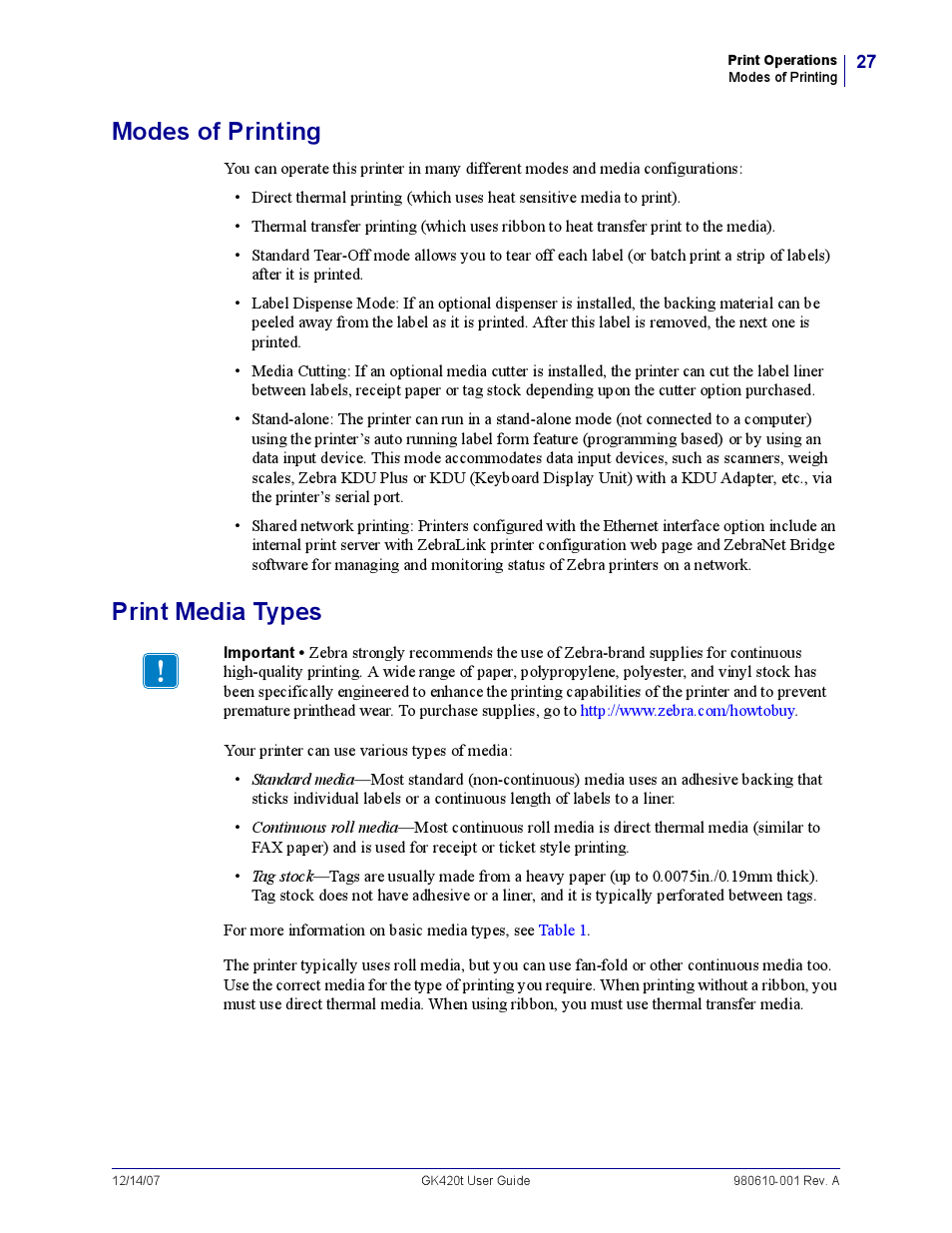 Modes of printing, Print media types | Rice Lake Zebra GK420t User Manual | Page 39 / 96