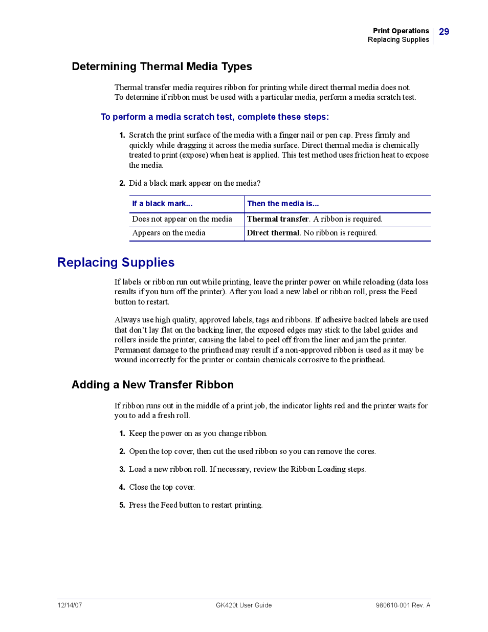 Determining thermal media types, Replacing supplies, Adding a new transfer ribbon | Rice Lake Zebra GK420t User Manual | Page 41 / 96