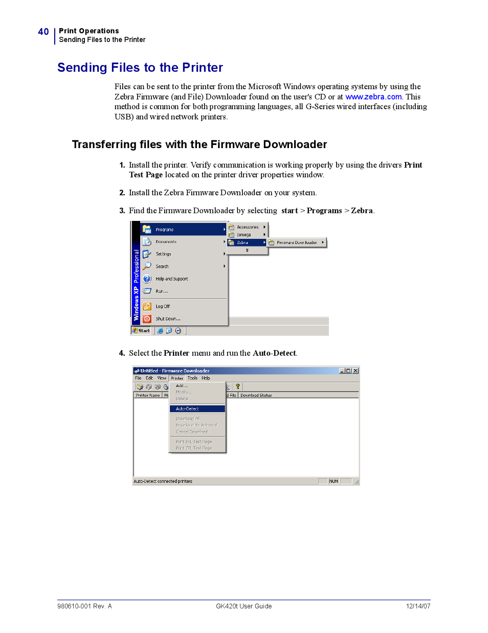 Sending files to the printer, Transferring files with the firmware downloader, Transferring files with the firm ware downloader | Rice Lake Zebra GK420t User Manual | Page 52 / 96