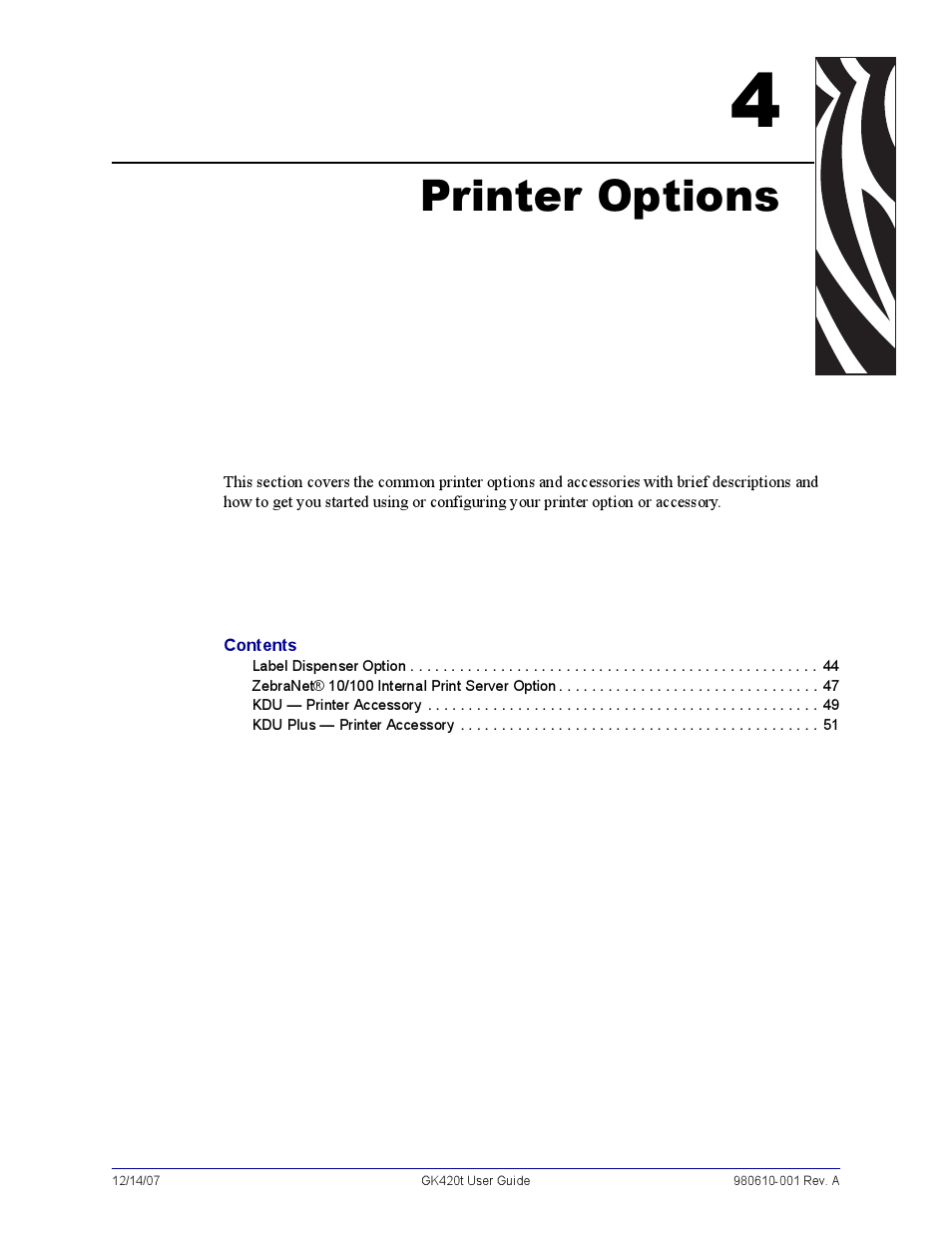 Printer options, 4 • printer options | Rice Lake Zebra GK420t User Manual | Page 55 / 96