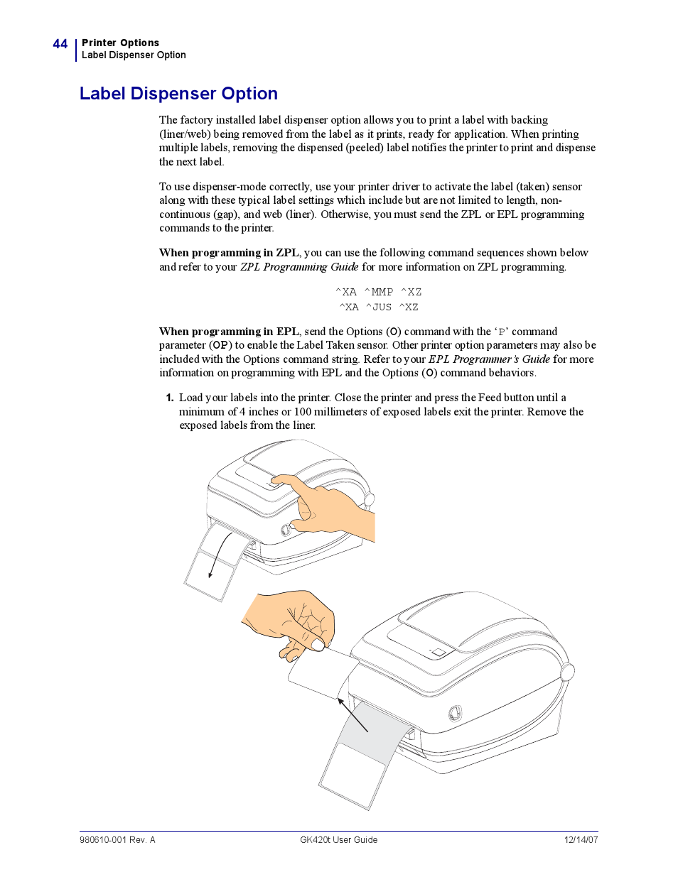 Label dispenser option | Rice Lake Zebra GK420t User Manual | Page 56 / 96