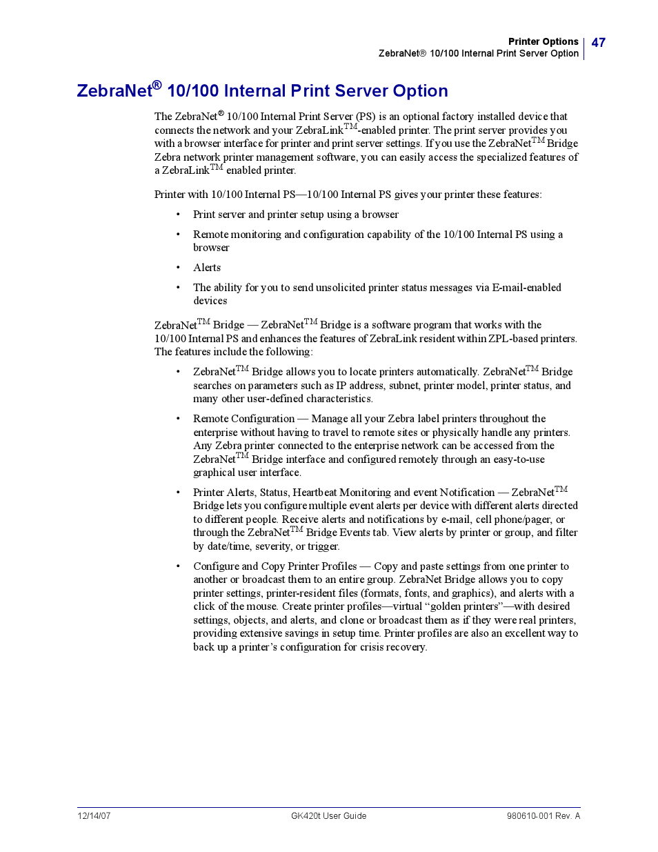 Zebranet® 10/100 internal print server option, Zebranet | Rice Lake Zebra GK420t User Manual | Page 59 / 96