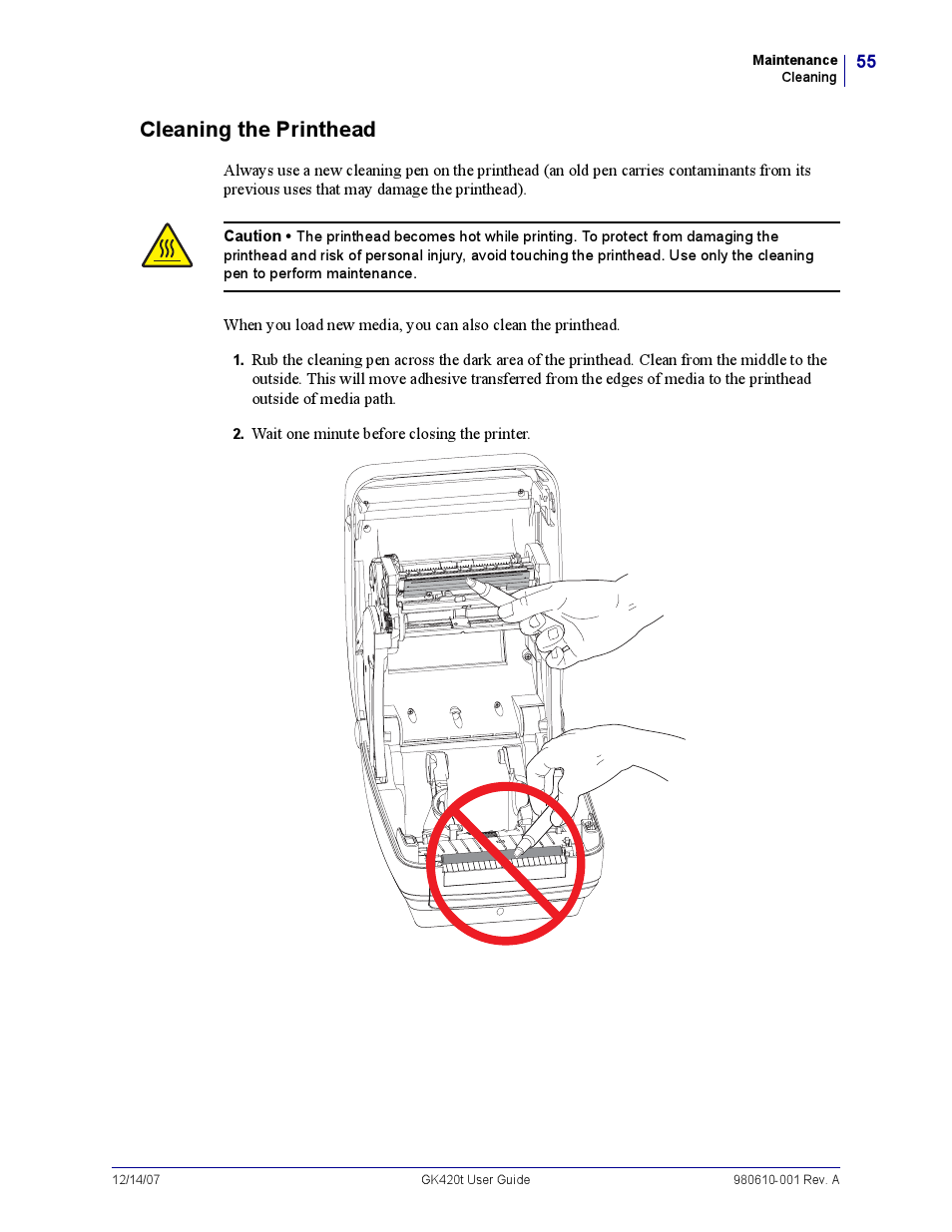 Cleaning the printhead | Rice Lake Zebra GK420t User Manual | Page 67 / 96