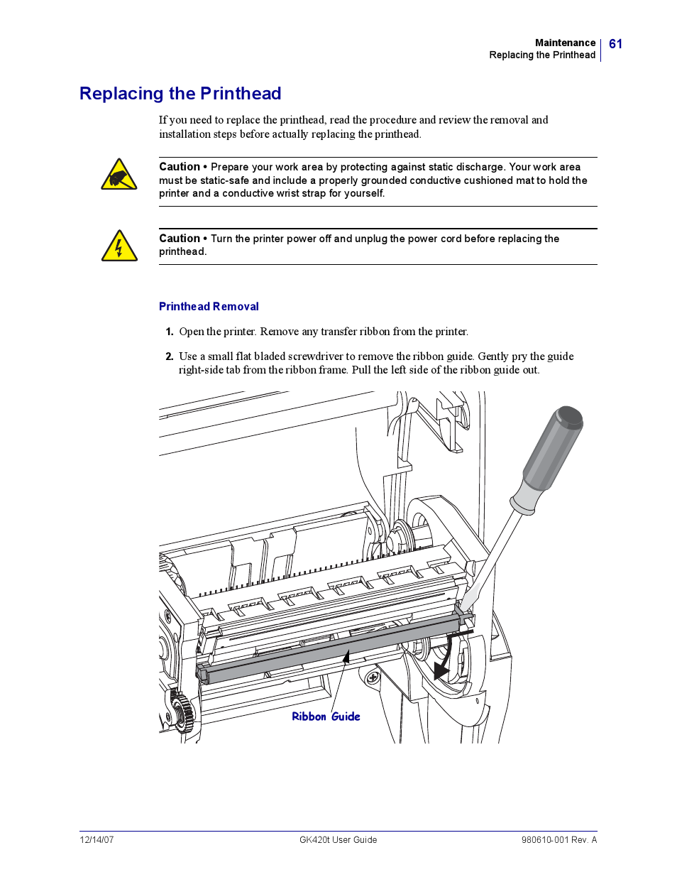 Replacing the printhead | Rice Lake Zebra GK420t User Manual | Page 73 / 96