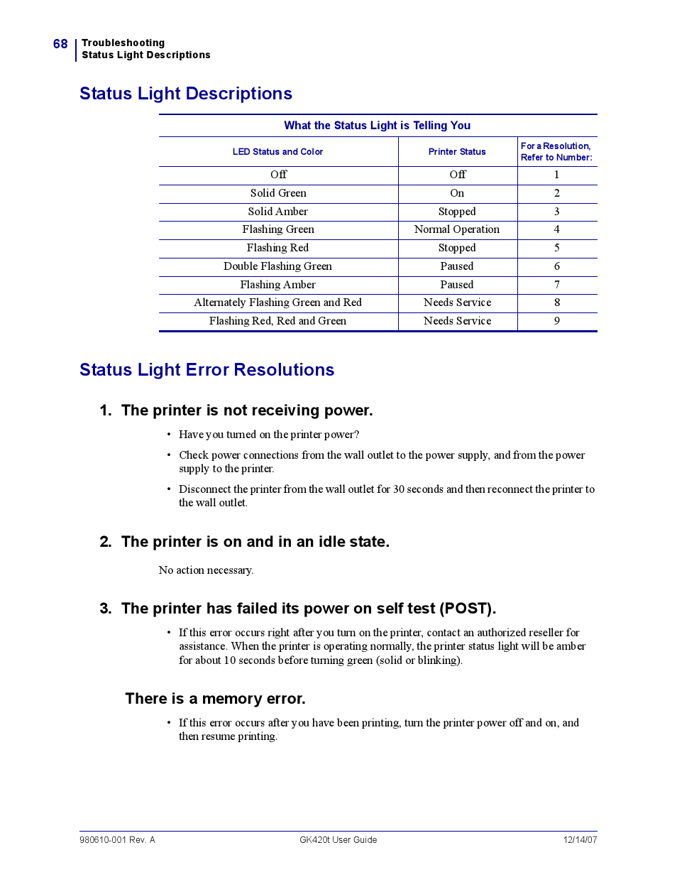 Status light descriptions, Status light error resolutions, The printer is not receiving power | The printer is on and in an idle state | Rice Lake Zebra GK420t User Manual | Page 80 / 96