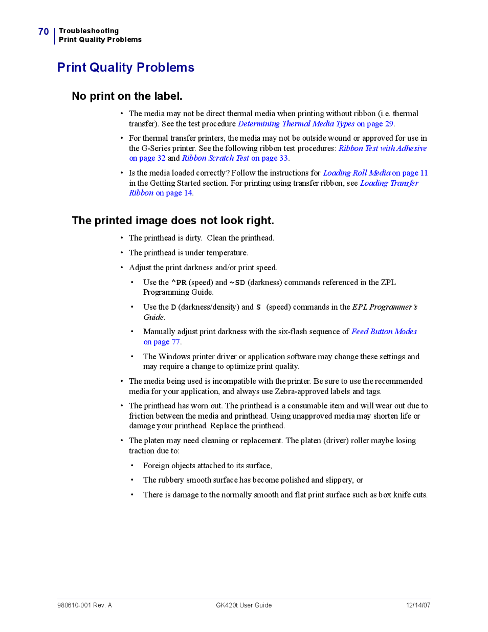 Print quality problems, Print quality problem s, No print on the label | The printed image does not look right | Rice Lake Zebra GK420t User Manual | Page 82 / 96