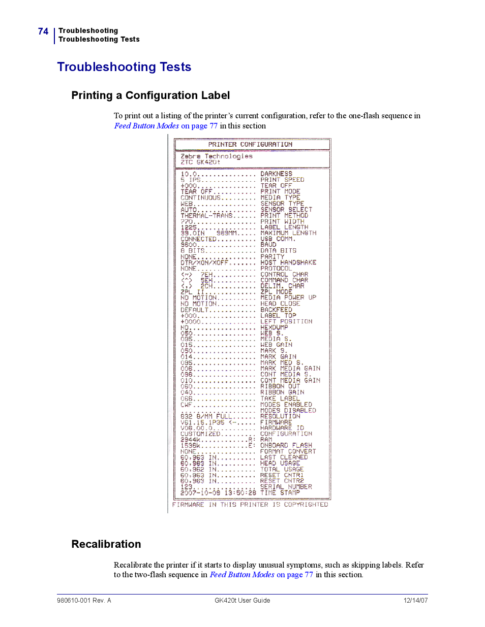Troubleshooting tests, Printing a configuration label, Recalibration | Rice Lake Zebra GK420t User Manual | Page 86 / 96