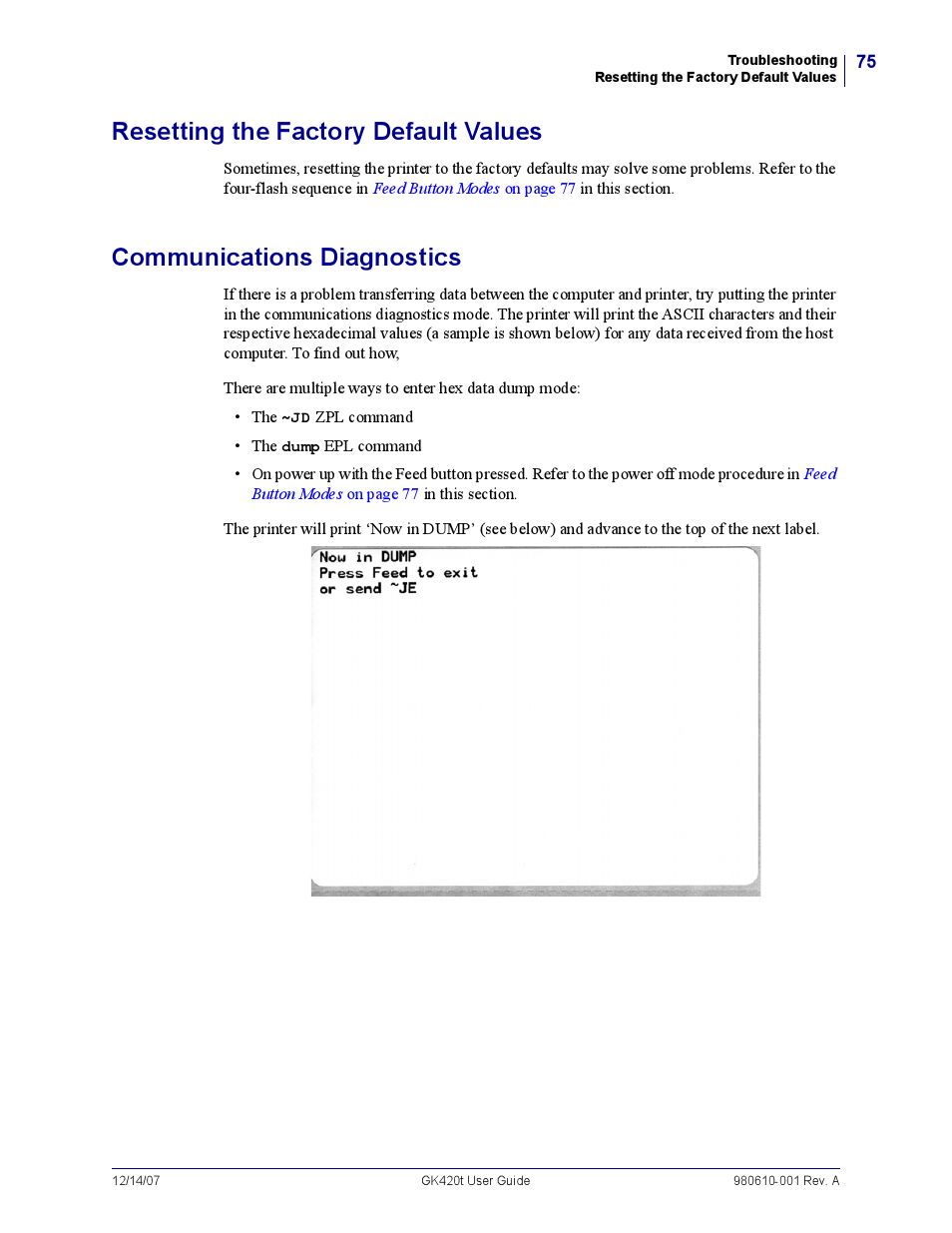 Resetting the factory default values, Communications diagnostics, Com munications diagnostics | Rice Lake Zebra GK420t User Manual | Page 87 / 96