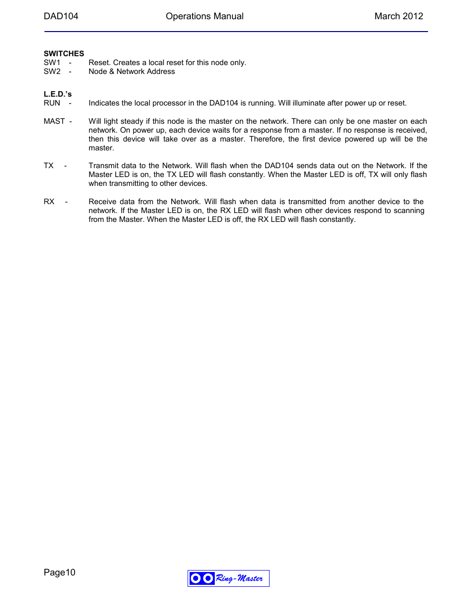 Ring Communications DAD104b OPERATIONS MANUAL User Manual | Page 10 / 10