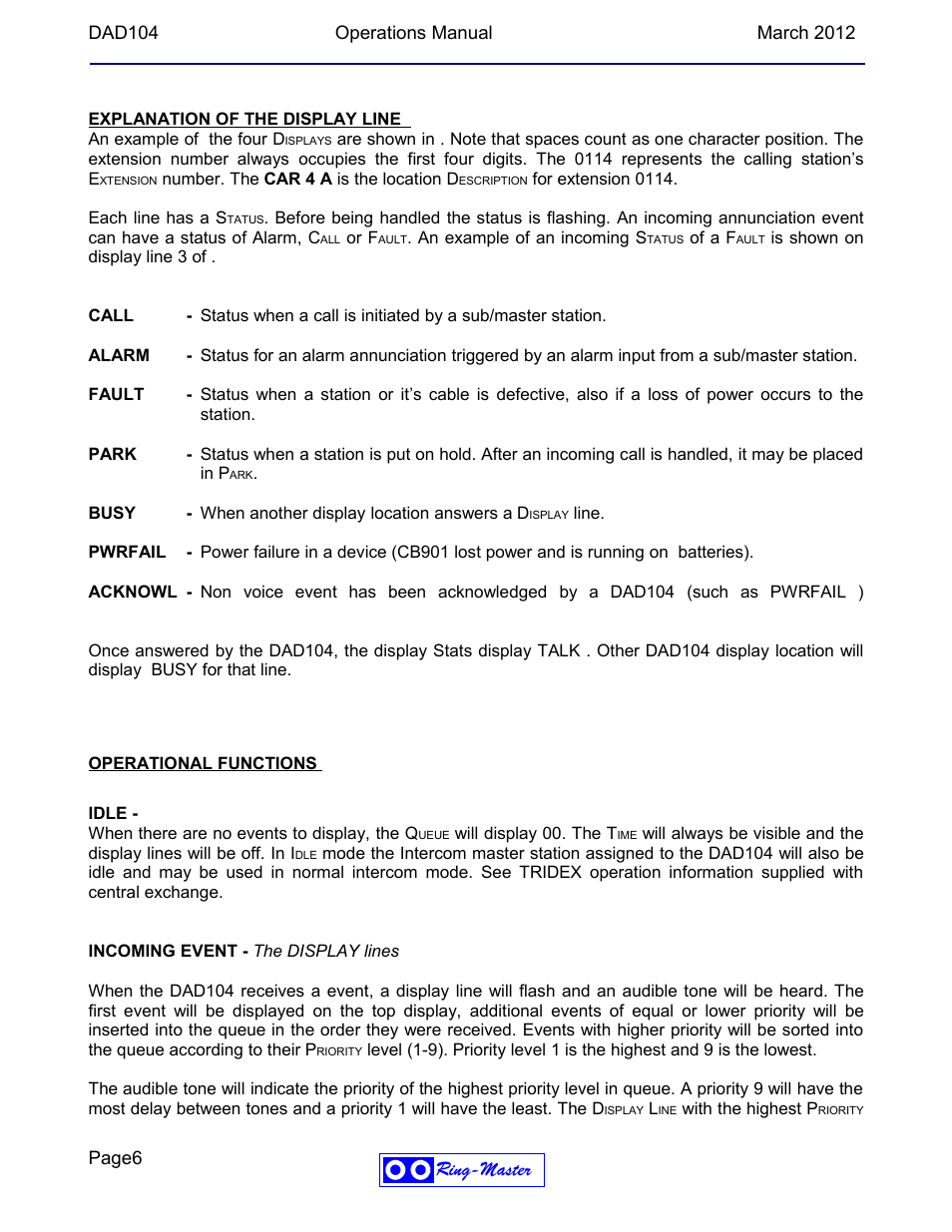 Ring-master | Ring Communications DAD104b OPERATIONS MANUAL User Manual | Page 6 / 10