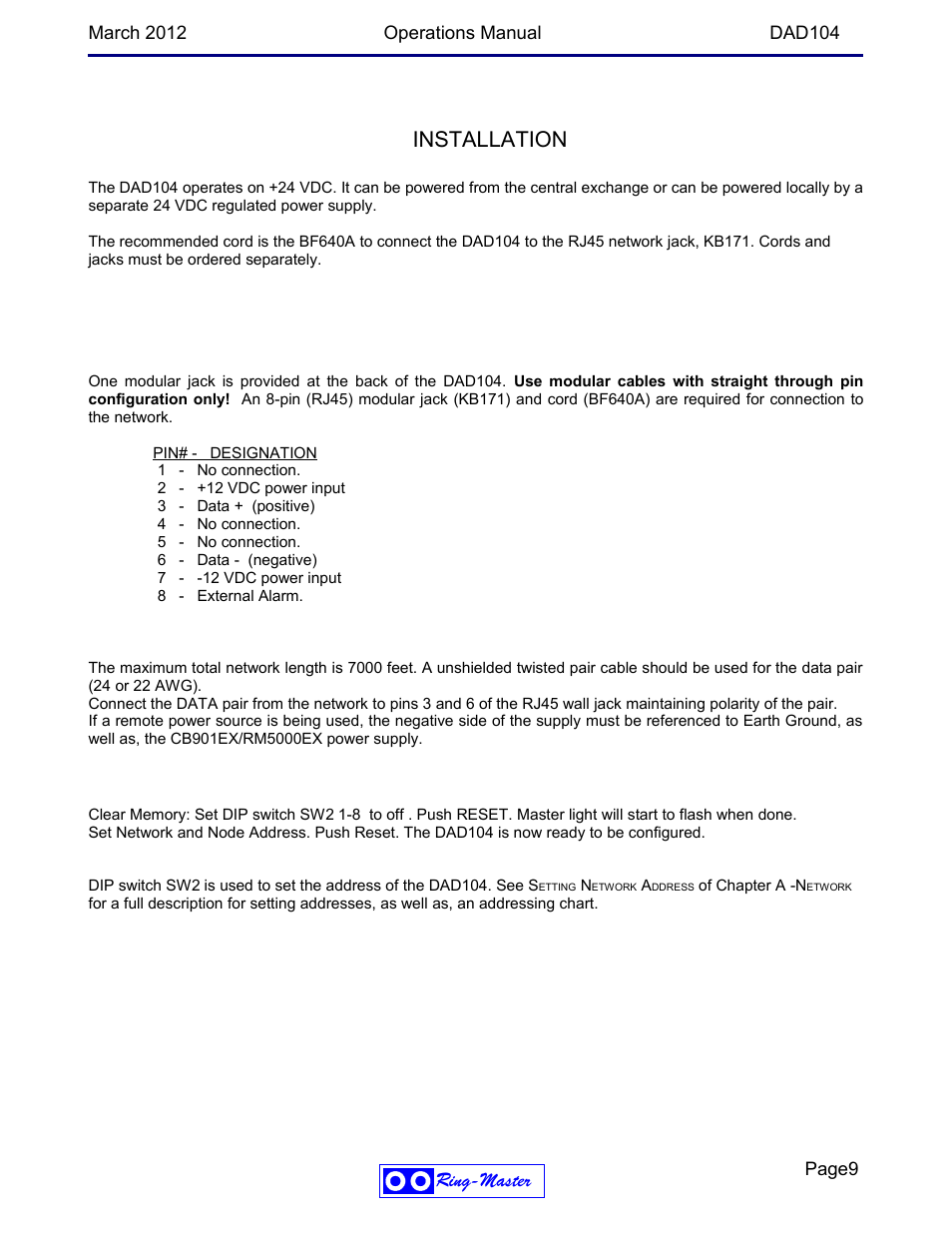 Installation, Ring-master | Ring Communications DAD104b OPERATIONS MANUAL User Manual | Page 9 / 10