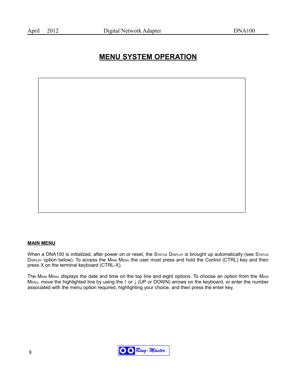 Menu system operation, Ring-master | Ring Communications DNA100 User Manual | Page 12 / 28