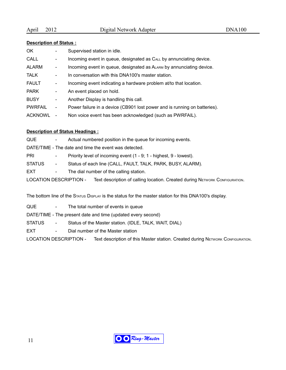 Ring-master | Ring Communications DNA100 User Manual | Page 15 / 28